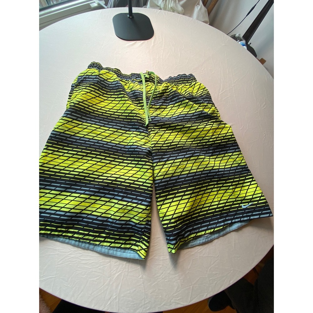 Nike Mens Swim Trunks XL Neon Yellow Black Striped Board Shorts Mesh Lined